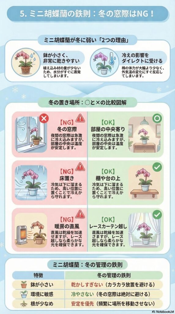 ミニ胡蝶蘭の冬管理ガイド｜窓際NGの理由と寒さから守る正しい置き場所・育て方