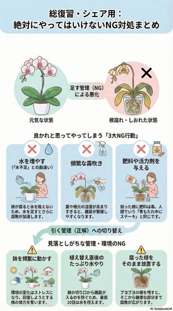 胡蝶蘭で絶対にやってはいけないNG対処まとめ｜水を増やす・頻繁な霧吹き・肥料や活力剤の使用などの3大NG行動と、鉢を頻繁に動かす・植え替え直後の水やり・腐った根の放置などの管理ミスを解説したインフォグラフィック