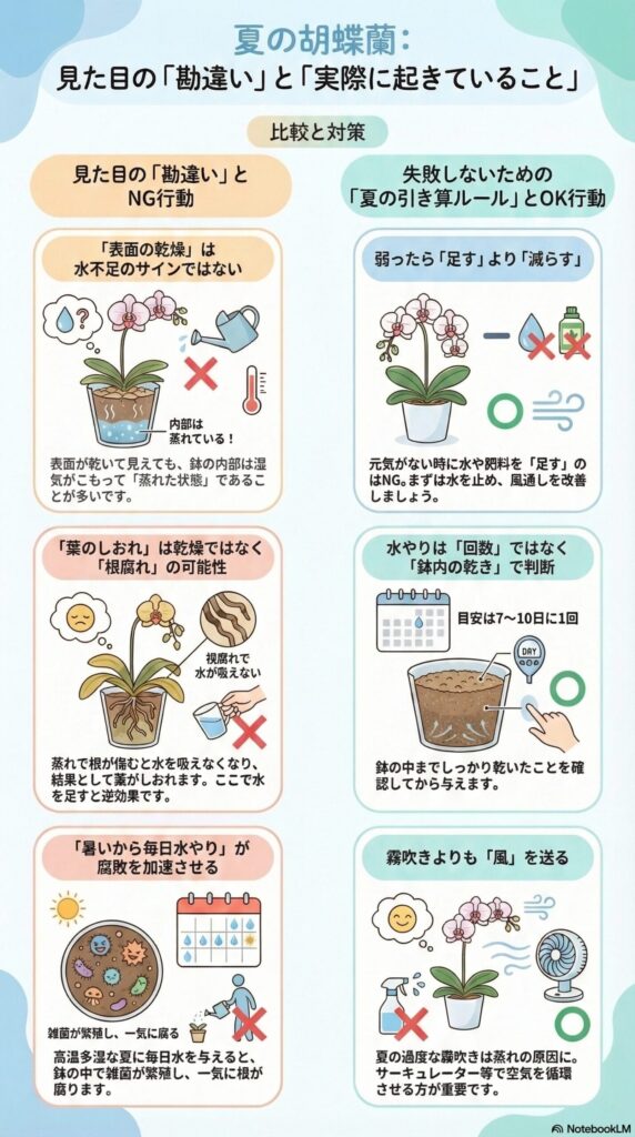 夏の胡蝶蘭でよくある勘違い｜枯れる原因と正しい対策（水やり・蒸れ・根腐れの見分け方）