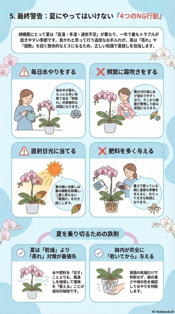 夏の胡蝶蘭で絶対NGな4つの行動｜毎日水やり・霧吹き・直射日光・肥料の与えすぎに注意