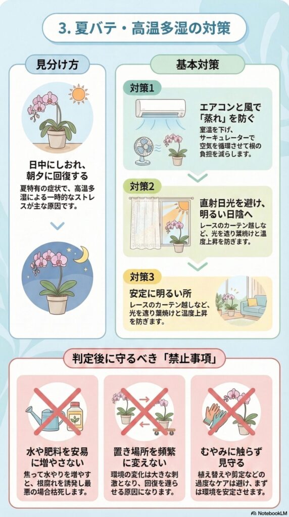 胡蝶蘭の夏バテ対策｜高温多湿で葉がしおれる原因と正しい管理方法（蒸れ・置き場所・NG行動）