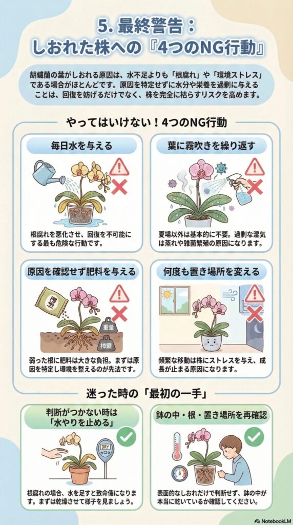 胡蝶蘭の葉がしおれる原因｜やってはいけない4つのNG行動と正しい初期対応（根腐れ対策ガイド）