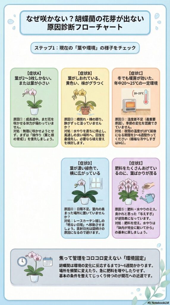 胡蝶蘭が咲かない原因診断フローチャート｜花芽が出ない理由と対処法　花芽が出ない理由を葉の状態・根腐れ・温度差不足・日照不足・肥料や水やり過多の5つの症状から判断し対処法を示すインフォグラフィック