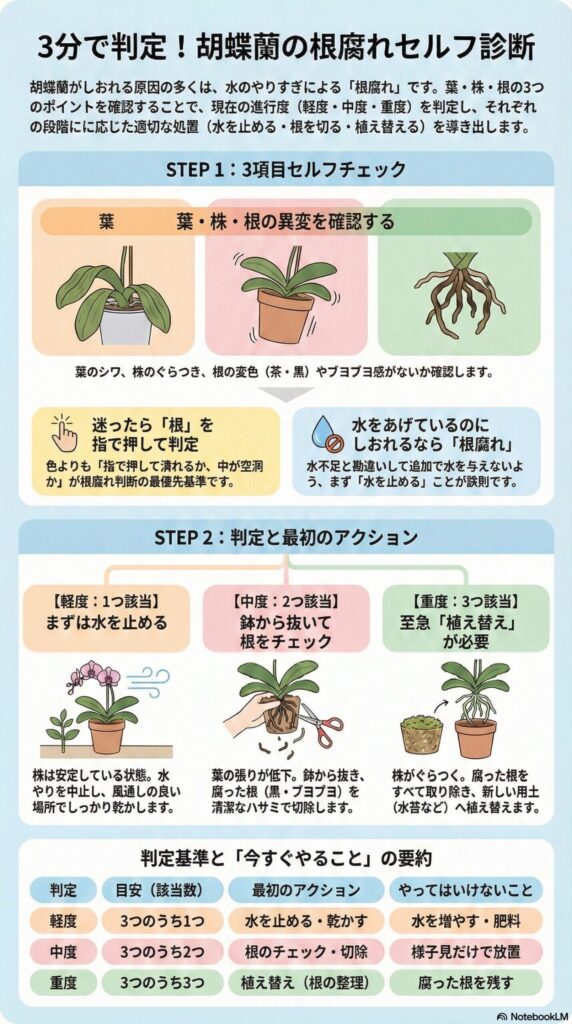 胡蝶蘭の根腐れセルフ診断ガイド｜葉・株・根の3項目チェックで軽度・中度・重度を判定し、水を止める・根を切る・植え替えるなど適切な対処を示すインフォグラフィック