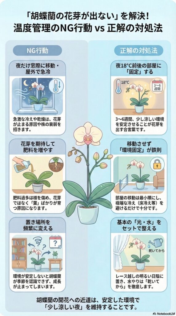 胡蝶蘭の花芽が出ない原因と温度管理の対処ガイド｜NG行動（夜だけ寒い場所に移動・肥料過多・置き場所を頻繁に変える）と、正しい管理（夜18℃前後で環境固定・光と水の基本管理）を比較解説したインフォグラフィック