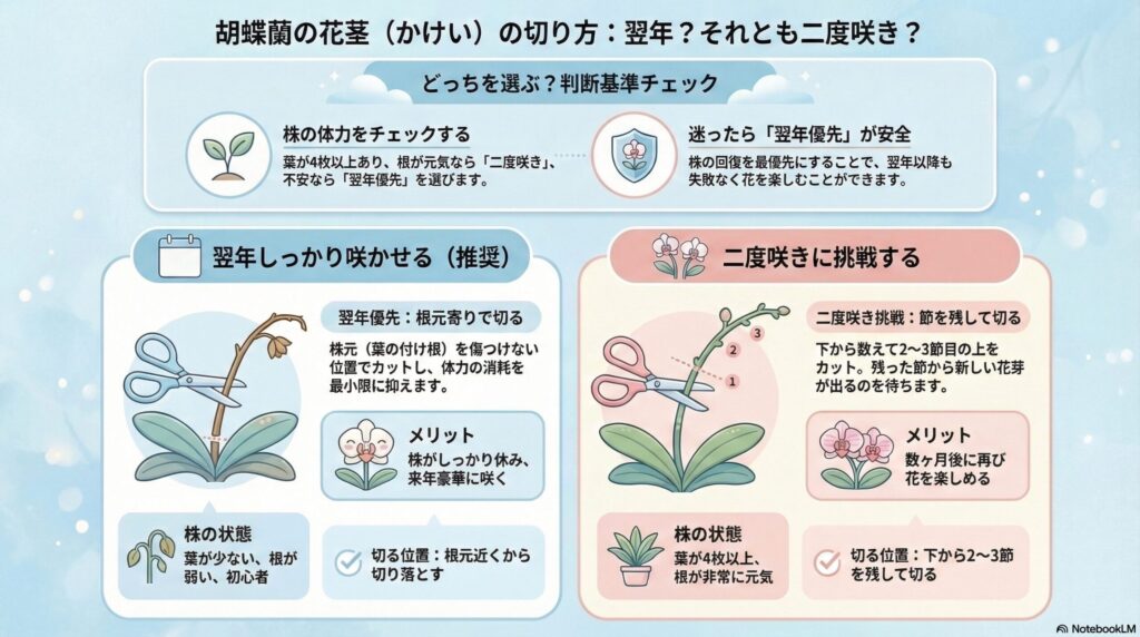 胡蝶蘭の花茎（花後）の切り方ガイド｜翌年咲かせるために根元で切る方法と二度咲きに挑戦する節を残した剪定方法、株の状態による判断基準を解説したインフォグラフィック