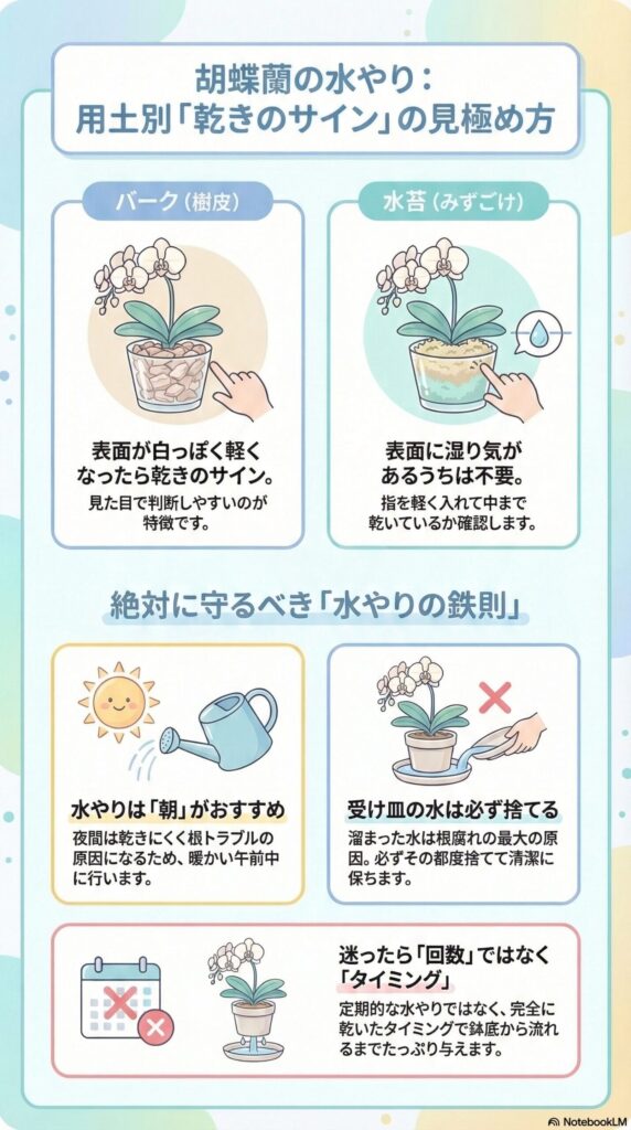 胡蝶蘭の水やりガイド｜バークと水苔の用土別に乾きのサインを見極める方法と、水やりは朝に行う・受け皿の水は捨てる・回数よりタイミングで管理する鉄則を解説したインフォグラフィック