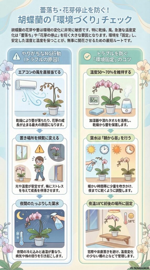 胡蝶蘭の環境づくりチェックガイド｜蕾落ちや花芽停止を防ぐためのNG行動（エアコン風直撃・置き場所の頻繁変更・夜の葉水）と、湿度50〜70％管理・朝〜昼の葉水・夜18℃前後の環境固定の対策を解説したインフォグラフィック