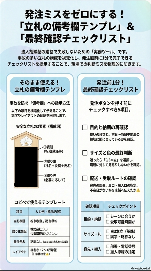 胡蝶蘭の立札備考欄テンプレートと最終確認チェックリスト、表題・贈り主・贈り先の記載例やコピペ用入力例、発注前に確認すべき納期・サイズ・配送ルートなど5項目をまとめた法人贈答の実務ガイド