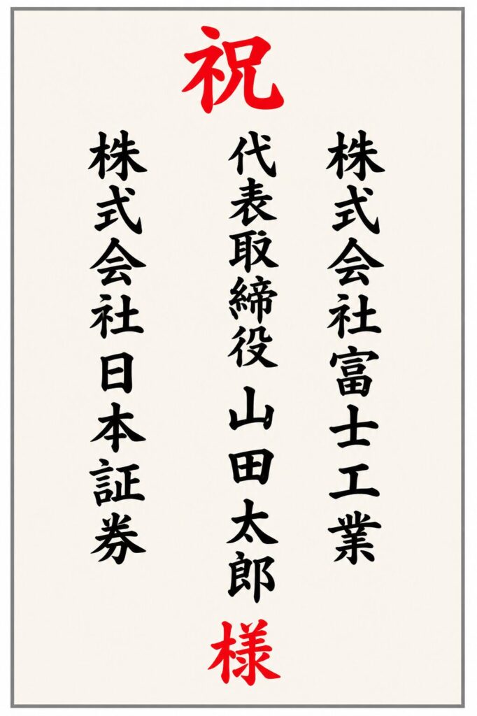 胡蝶蘭立札の記入例|贈り先名+会社名を記載する木札デザイン