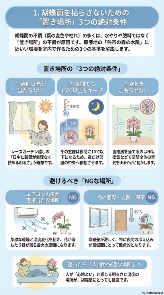 胡蝶蘭の置き場所ガイド｜枯らさないための3つの絶対条件（光・温度・風通し）