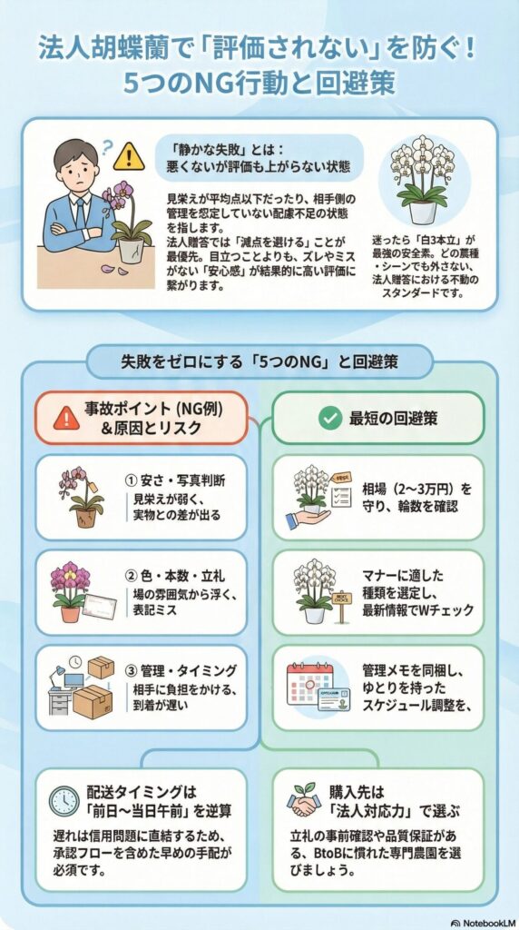 法人胡蝶蘭で評価を落とさないためのNG回避ガイド。
「安さ重視・写真判断」「色や本数・立札の不一致」「管理や納期配慮不足」といった失敗を避けるため、相場遵守・白3本立の基準・最新情報でのダブルチェック・前日〜当日午前着の調整・法人対応可能な店舗選びが重要であることをまとめた実務インフォグラフィック。