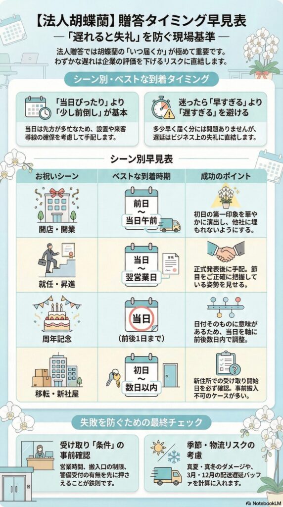 法人胡蝶蘭の贈答タイミング早見表（到着日の最適基準）