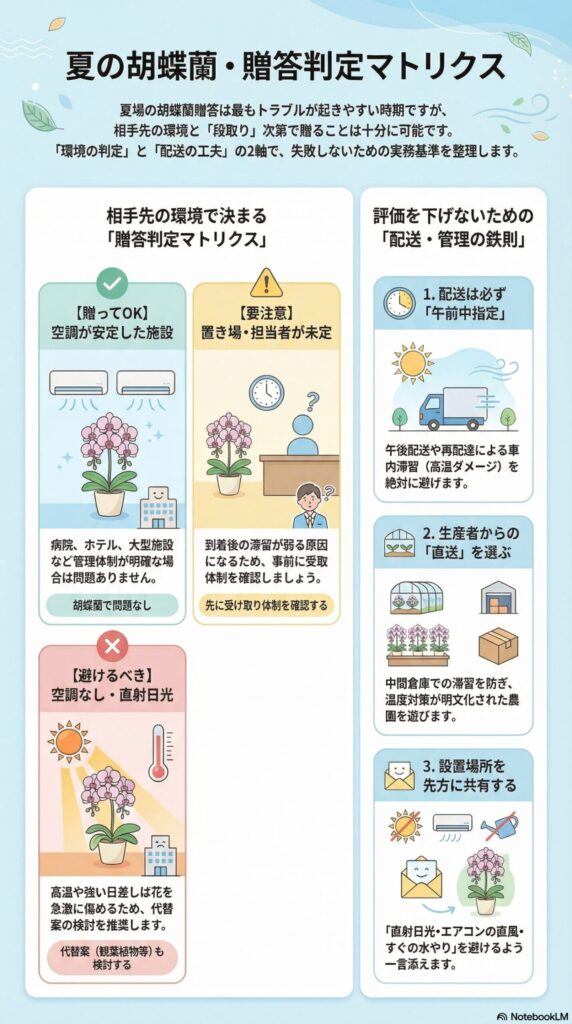 夏の胡蝶蘭贈答判断マトリクスと配送対策