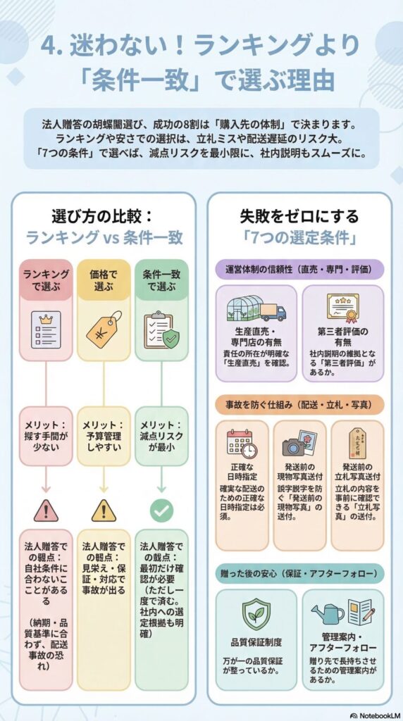 法人胡蝶蘭の購入先はランキングより条件一致で選ぶべき理由(生産直売・第三者評価・配送管理・発送前写真確認・品質保証など7つの選定条件)を解説したインフォグラフィック