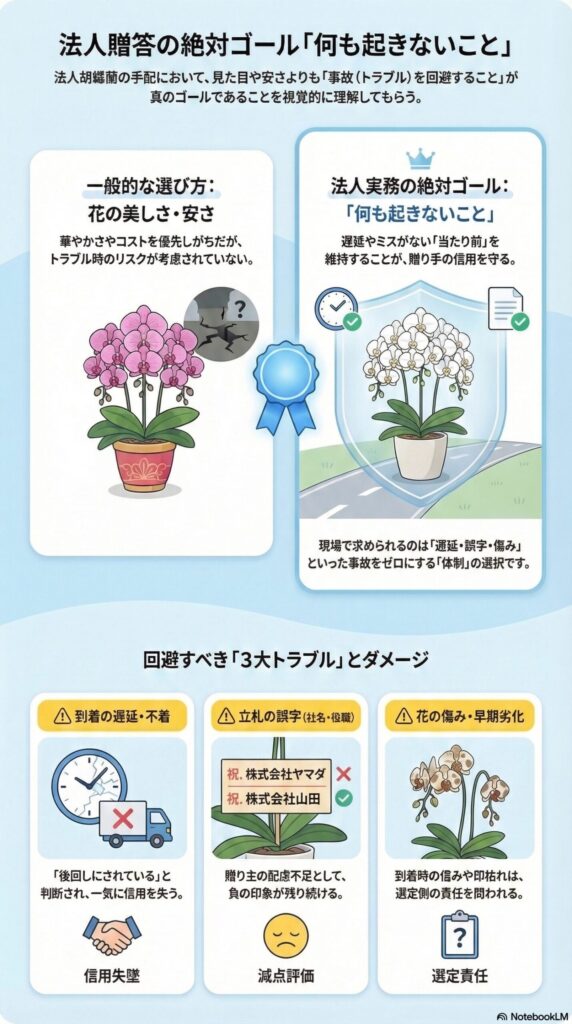 法人胡蝶蘭贈答の本当のゴールは「何も起きないこと」と解説（配送遅延・立札誤字・花の傷みなど法人贈答の3大トラブルを防ぐ重要性を示したインフォグラフィック）