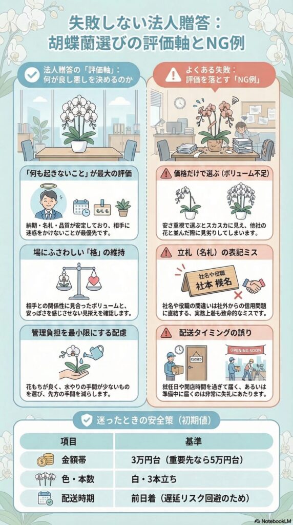 法人胡蝶蘭で失敗しないための評価軸とNG例を解説（価格重視・立札ミス・納期遅れなどの失敗パターンと、白3本立・前日着などの安全基準）をまとめたインフォグラフィック