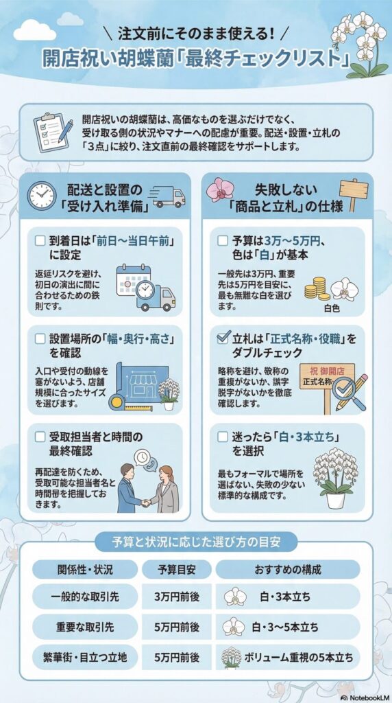 開店祝い胡蝶蘭の注文前チェックリスト(納期・設置・立札の最終確認ポイントと、白3本立ちを基準にした失敗しない選び方をまとめた実務用インフォグラフィック)