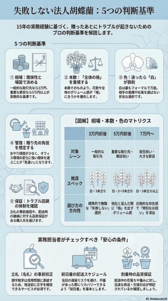 法人胡蝶蘭で失敗しないための5つの判断基準ガイド（相場・本数・色・管理・保証と、価格帯別の最適スペックマトリクス、実務チェック条件を整理したインフォグラフィック）