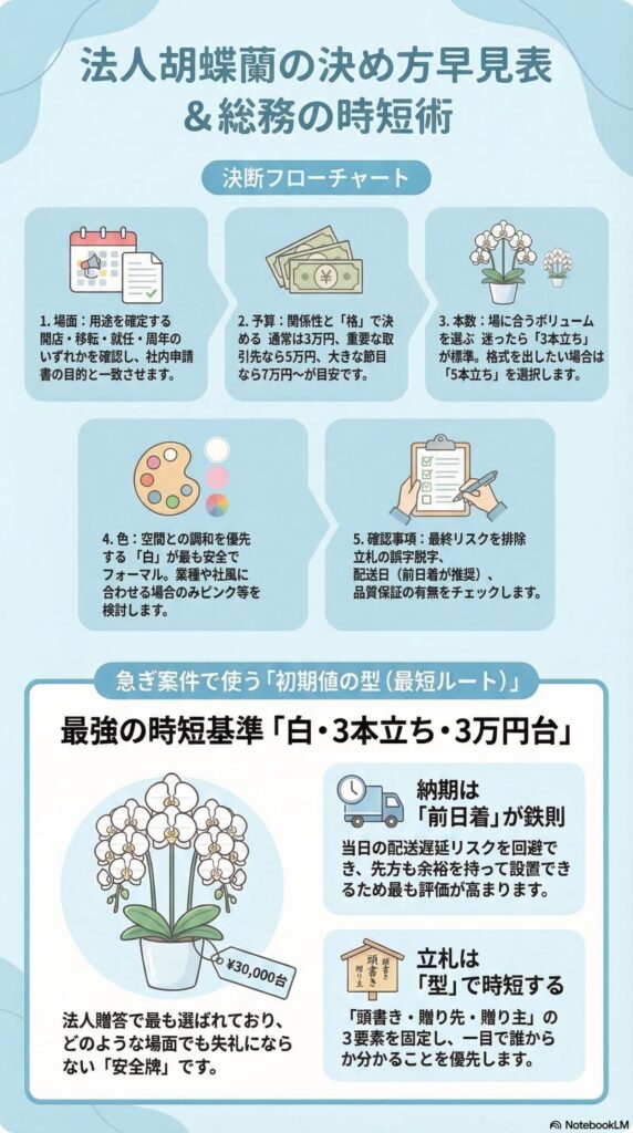 法人胡蝶蘭の選び方を「用途→予算→本数→色→最終確認」で判断できるフローチャートと、白3本立ち・3万円台・前日着を基準にした時短決定術を解説したインフォグラフィック