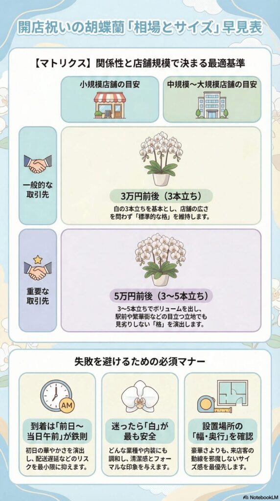 開店祝い胡蝶蘭の相場とサイズの早見表(取引先の関係性と店舗規模に応じた3万円・5万円の目安と、本数バランス・前日着・白が安全な選び方を解説したインフォグラフィック)