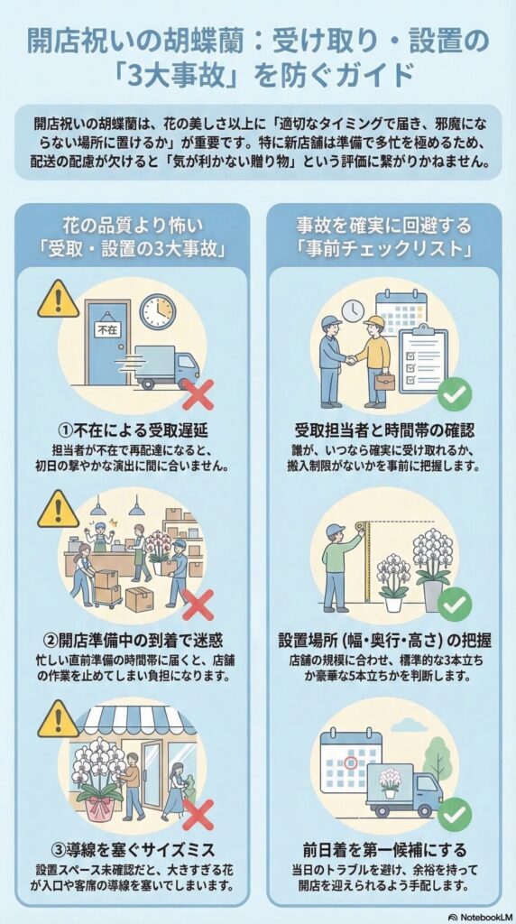 開店祝い胡蝶蘭の受け取り・設置で起きやすい「3大事故」(不在・準備中の到着・導線を塞ぐサイズミス)と、それを防ぐための事前チェック(担当者・設置スペース・前日着)をまとめた実務ガイドインフォグラフィック
