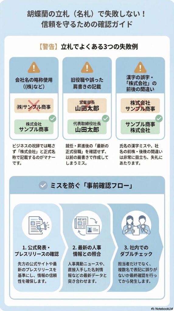 胡蝶蘭の立札（名札）で信頼を損なわないための確認ガイド。よくある失敗は「会社名の略称使用」「旧役職の記載」「漢字・前後（株式会社）の誤り」の3点。防ぐには、①公式発表・プレスリリース確認 ②最新の人事情報と照合 ③社内でのダブルチェック、の事前確認フローを徹底することが重要です。