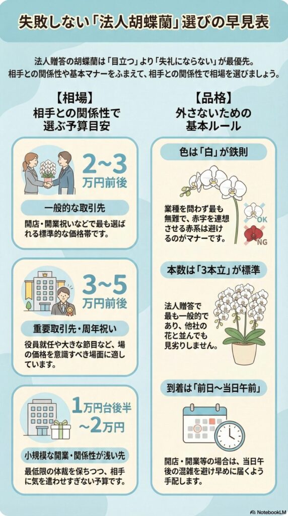 法人胡蝶蘭選びで失敗しないための早見ガイド。
相手との関係性別に「2〜3万円（一般）」「3〜5万円（重要先）」「1.5〜2万円（小規模）」の予算目安を示し、基本ルールとして「色は白」「3本立ちが標準」「到着は前日〜当日午前」を押さえることで、失礼のない安全な贈答を実現するための実務ポイントを整理したインフォグラフィック。