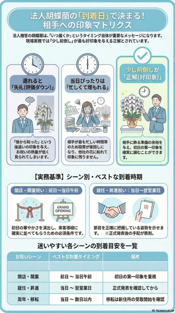 法人胡蝶蘭の印象は「到着日」で大きく左右されることを解説したインフォグラフィック。遅れると失礼、当日ぴったりは埋もれる一方で、「少し前倒し」が最も好印象とされる理由を示している。さらに、シーン別の最適な到着タイミング（開店祝いは前日〜当日午前、就任・昇進は当日〜翌営業日など）を整理し、相手に配慮した適切な手配基準をまとめている。