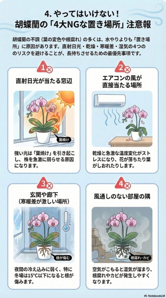 胡蝶蘭の置き場所で避けるべき4つのNG例（直射日光の窓辺・エアコンの風が当たる場所・寒暖差の激しい玄関や廊下・風通しのない部屋の隅）をイラストで解説した注意インフォグラフィック