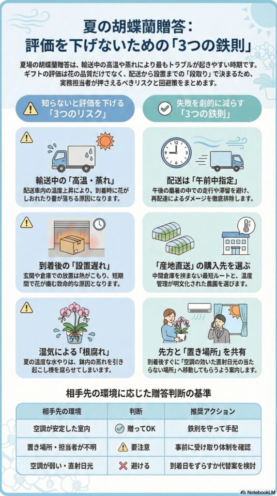 夏の胡蝶蘭贈答の注意点と対策3つ
