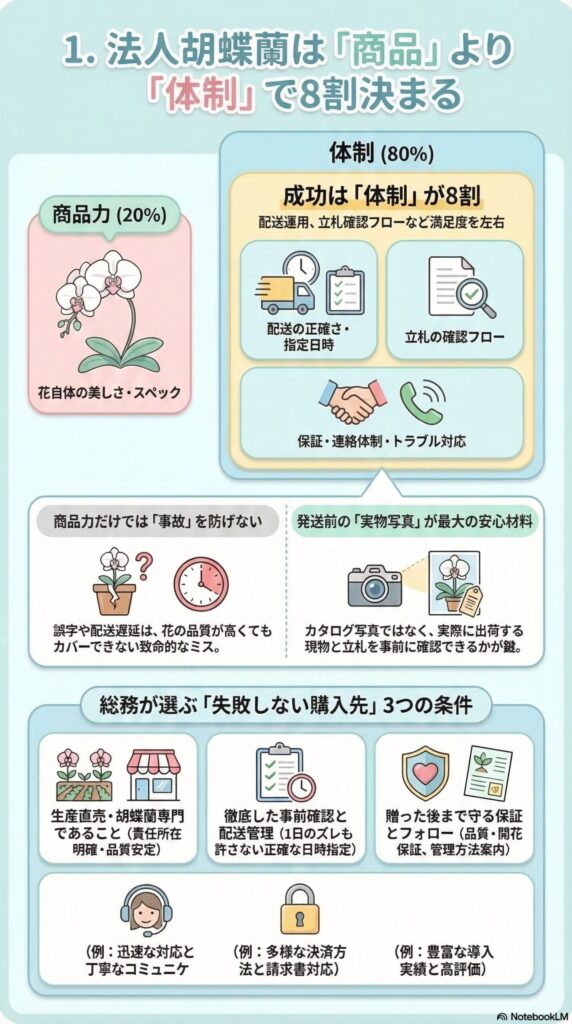 法人胡蝶蘭は商品より体制が重要で成功の8割を左右することを解説(配送管理・立札確認・保証体制など法人贈答で失敗しない購入先の条件をまとめたインフォグラフィック)