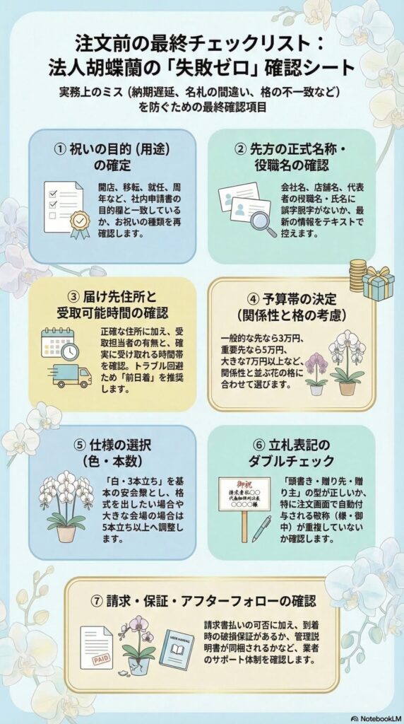 法人胡蝶蘭の発注前最終チェックシート（目的確認・先方情報・納品条件・予算・仕様・立札表記・請求対応まで、失敗ゼロに導く実務チェック項目）をまとめたインフォグラフィック