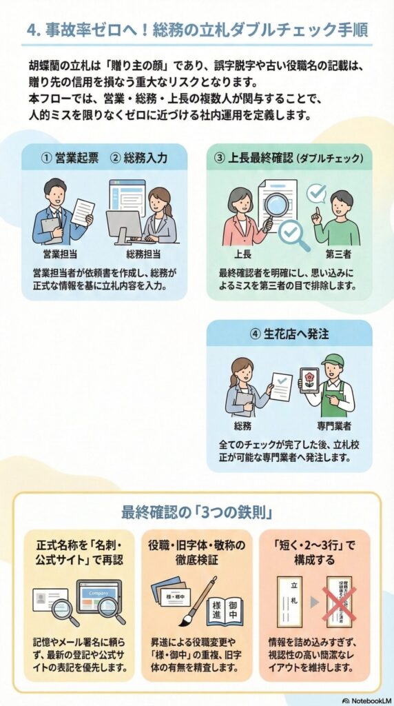 胡蝶蘭の立札ミスを防ぐ総務チェックフロー｜営業→総務入力→上長ダブルチェック→生花店発注の4工程と、正式名称確認・役職検証・短文構成の最終確認ルールを解説したビジネス実務ガイド