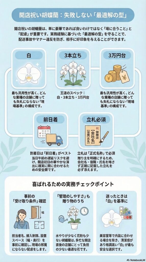 開店祝い胡蝶蘭の「最適解の型」(白・3本立ち・3万円台+前日着+正確な立札)を基準に、失敗しない選び方と実務チェックポイントをまとめたインフォグラフィック