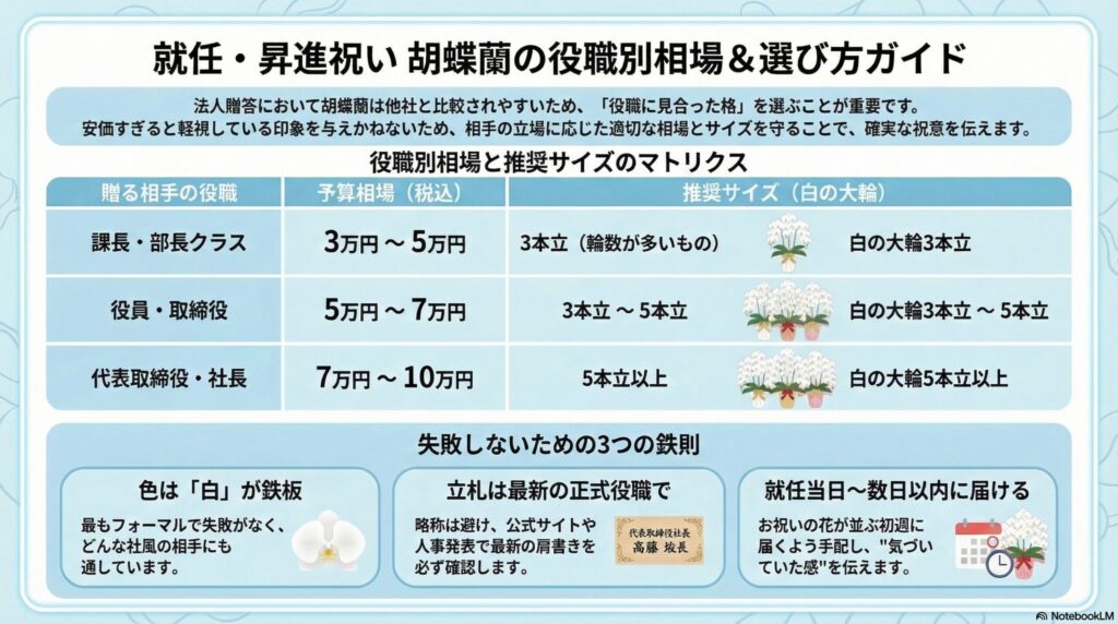 就任・昇進祝いの胡蝶蘭選びを役職別に整理した早見ガイド。課長・部長は3〜5万円で白3本立、役員は5〜7万円で3〜5本立、社長は7〜10万円で5本立以上が目安。失敗しない鉄則は「色は白」「立札は最新の正式役職」「就任当日〜数日以内に到着」の3点を守ること。