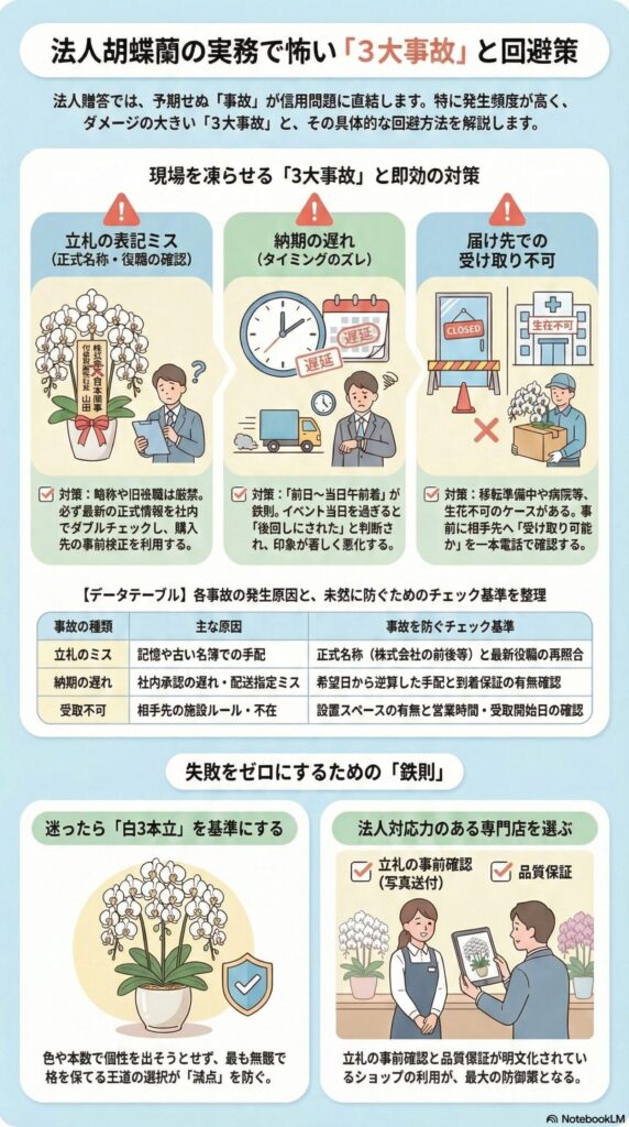 法人胡蝶蘭で起こりやすい「3大事故」（立札ミス・納期遅れ・受取不可）と、その具体的な回避策をまとめた実務ガイド。
事前の正式名称確認やダブルチェック、前日〜当日午前着の徹底、受取可否の事前確認が重要。さらに「迷ったら白3本立」「法人対応力のある専門店を選ぶ（立札事前確認・品質保証あり）」という鉄則で、失敗を未然に防ぐことを解説したインフォグラフィック。