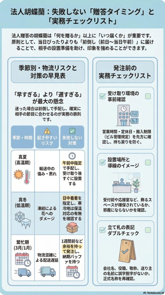 法人胡蝶蘭の贈答タイミングと発注前チェックリスト