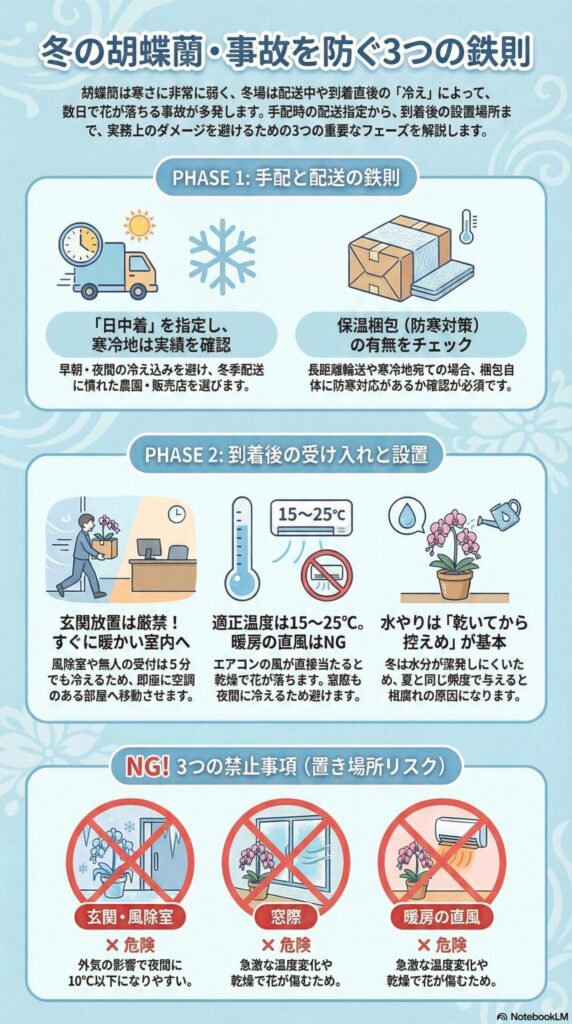 冬の胡蝶蘭の配送・設置トラブルを防ぐためのインフォグラフィック、日中着指定や保温梱包の確認、到着後は15〜25℃の室内管理と水やり控えめ、玄関・窓際・暖房直風を避けるポイントを解説した図