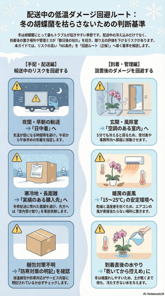 冬の胡蝶蘭の配送中低温ダメージ回避ルートを解説したインフォグラフィック、日中着指定・実績ある購入先・防寒梱包確認と、到着後は玄関放置を避け15〜25℃管理・暖房直風回避・水やり控えめの判断基準を図解
