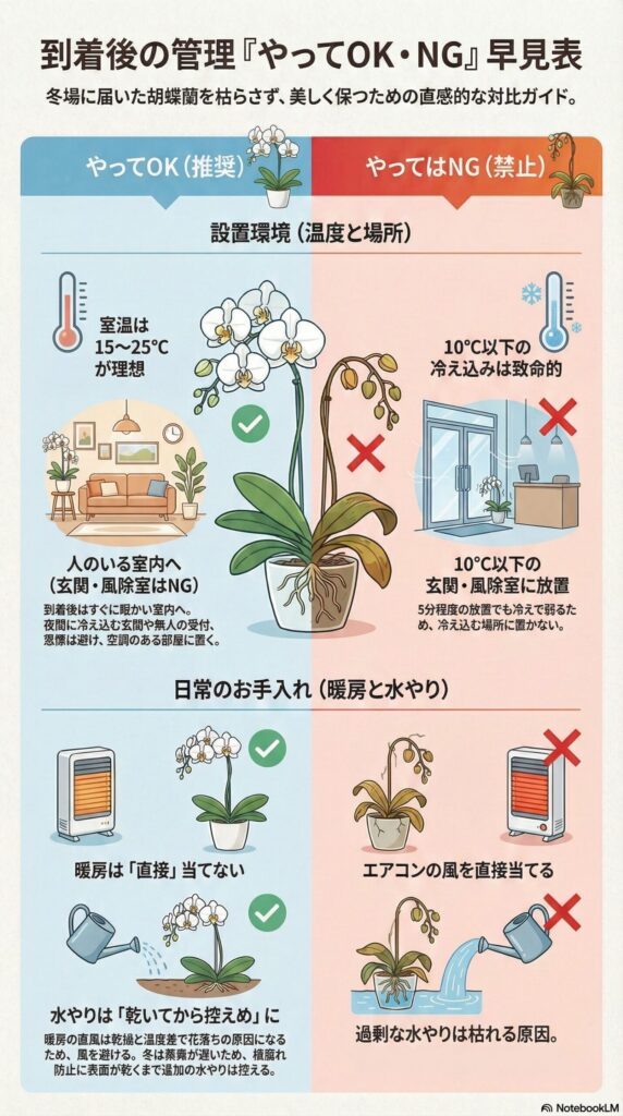 冬の胡蝶蘭の到着後管理「やってOK・NG」早見表インフォグラフィック、適温15〜25℃の室内設置や直風回避・乾いてからの水やりを推奨し、10℃以下の冷え込み・玄関放置・暖房直風・過剰な水やりのNG例を対比で解説した図