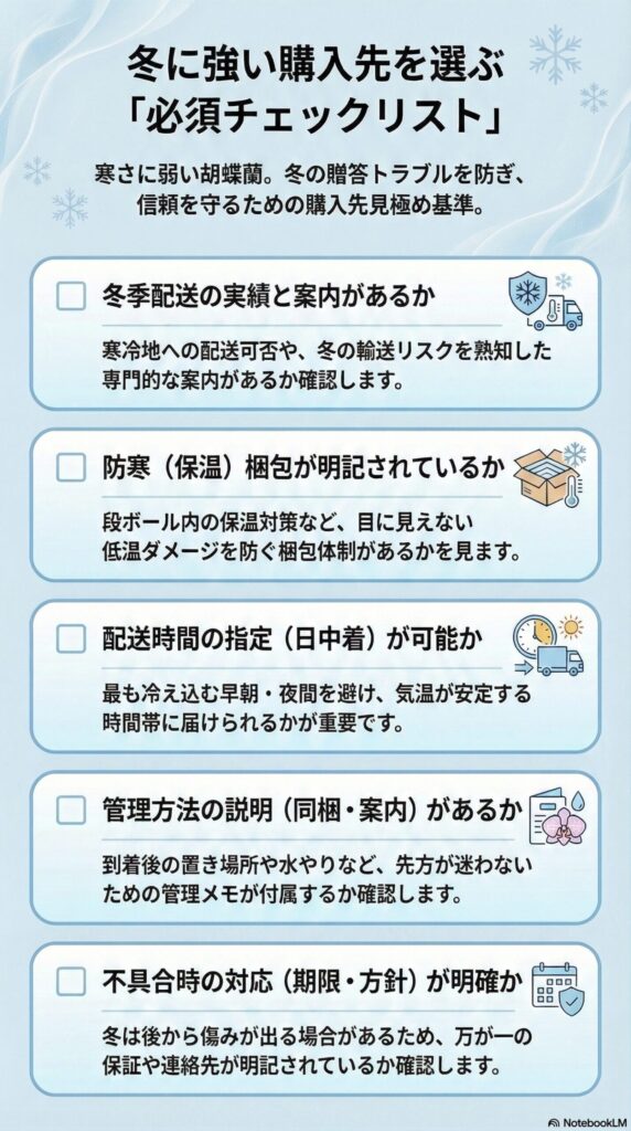 冬に強い胡蝶蘭の購入先を選ぶための必須チェックリストのインフォグラフィック、冬季配送実績・防寒梱包の明記・日中着指定・管理方法の案内・不具合時対応の明確さを確認するポイントを解説した図
