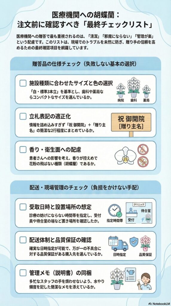 医療機関向け胡蝶蘭の注文前最終チェックリストのインフォグラフィック、サイズ・色選定や立札表記、香り配慮、受取日時と設置場所、配送体制・品質保証、管理メモ同梱など確認項目を解説した図