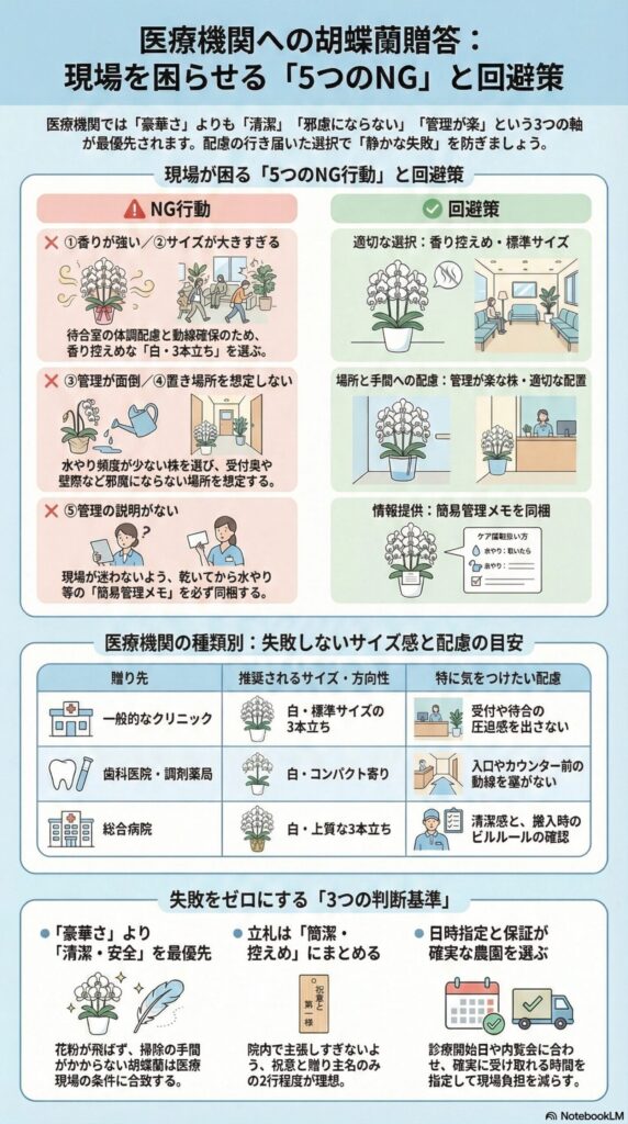 医療機関向け胡蝶蘭贈答で現場を困らせる5つのNG行動と回避策を解説したインフォグラフィック、強い香りや大きすぎるサイズ・管理負担・置き場所未想定・説明不足を避け、適切サイズ選定や配置配慮・簡易管理メモ同梱・日時指定と保証の重要性を図解した内容