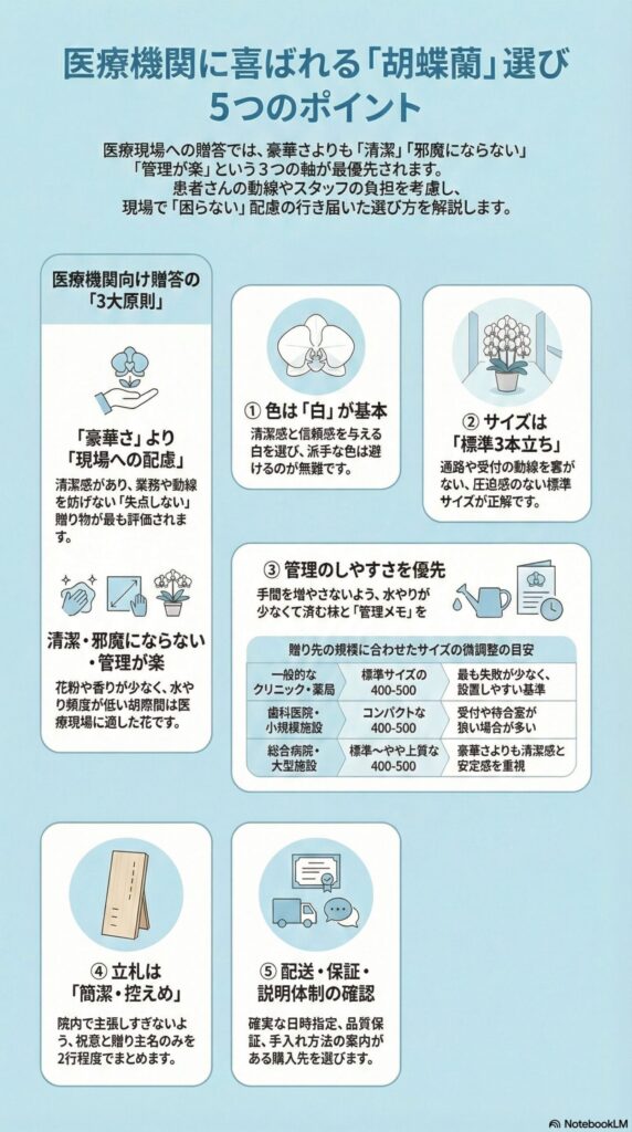 医療機関に喜ばれる胡蝶蘭の選び方5つのポイントを解説したインフォグラフィック、白色・標準3本立ち・管理しやすさ・簡潔な立札・配送保証体制を重視し、清潔・邪魔にならない・管理が楽な贈答基準を図解した内容