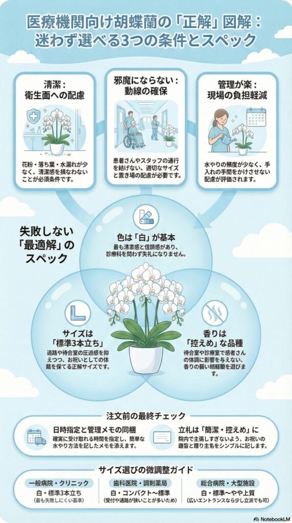 医療機関向け胡蝶蘭の正解選びを解説したインフォグラフィック、清潔・邪魔にならない・管理が楽の3条件と白色・標準3本立ち・控えめな香りの最適スペック、日時指定や立札簡潔化など注文前チェックと施設別サイズ目安を図解した内容