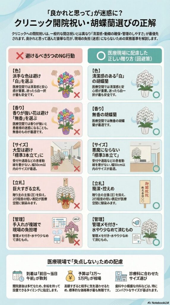 クリニック開院祝いの胡蝶蘭選びの正解を解説したインフォグラフィック、派手色や強い香り・大型サイズ・過剰な立札・管理負担のNG例と、白色・無香・標準3本立ち・簡潔な立札・管理メモ付きなど医療現場に配慮した適切な贈り方を対比で示した図