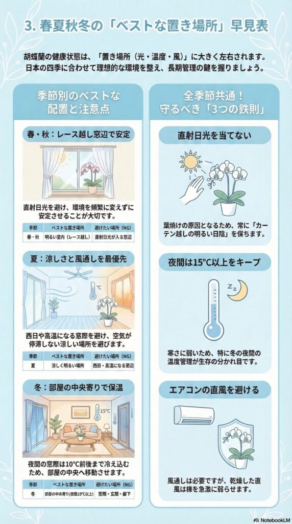 胡蝶蘭の置き場所ガイド｜春夏秋冬のベスト配置と枯らさない3つの管理ルール