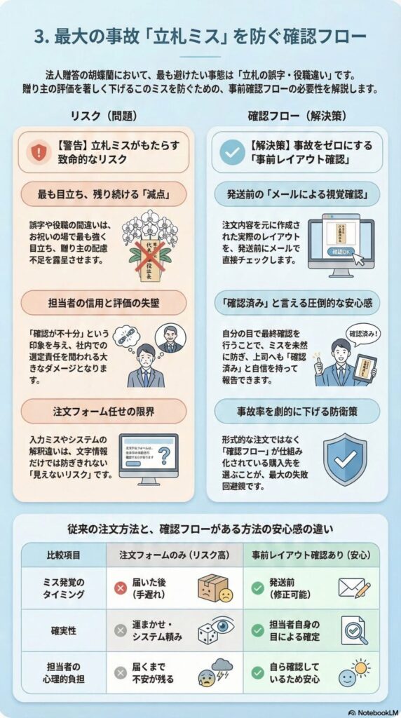 法人胡蝶蘭の立札ミスを防ぐ事前確認フロー（発送前のメールによるレイアウト確認で誤字・役職違いを防ぐ方法）を解説したインフォグラフィック
