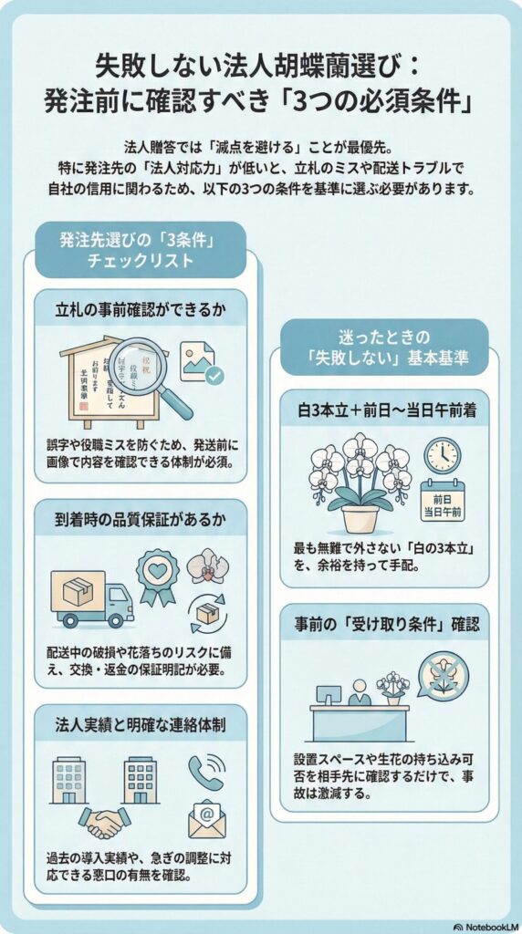 法人胡蝶蘭の発注前に必ず確認すべき「3つの必須条件」（立札の事前確認・到着時の品質保証・法人実績と連絡体制）を整理し、失敗を防ぐためのチェックポイントをまとめたインフォグラフィック。さらに「白3本立＋前日〜当日午前着」を基本基準とし、事前に受け取り条件（設置場所・持ち込み可否）を確認することで、配送トラブルや信用低下を防ぐ実務対策を解説している。